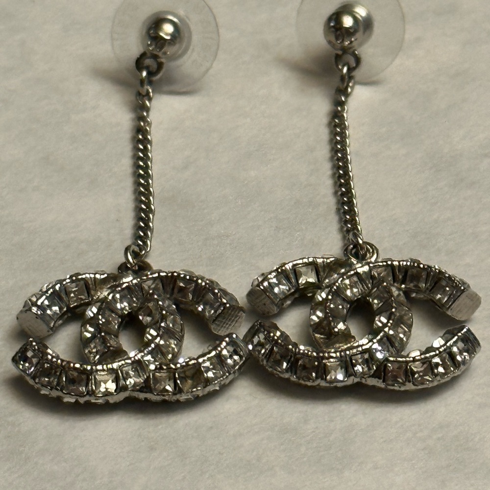 Authentic Chanel Crystal Chain CC Logo Dangle Drop Earrings - Picture 10 of 12